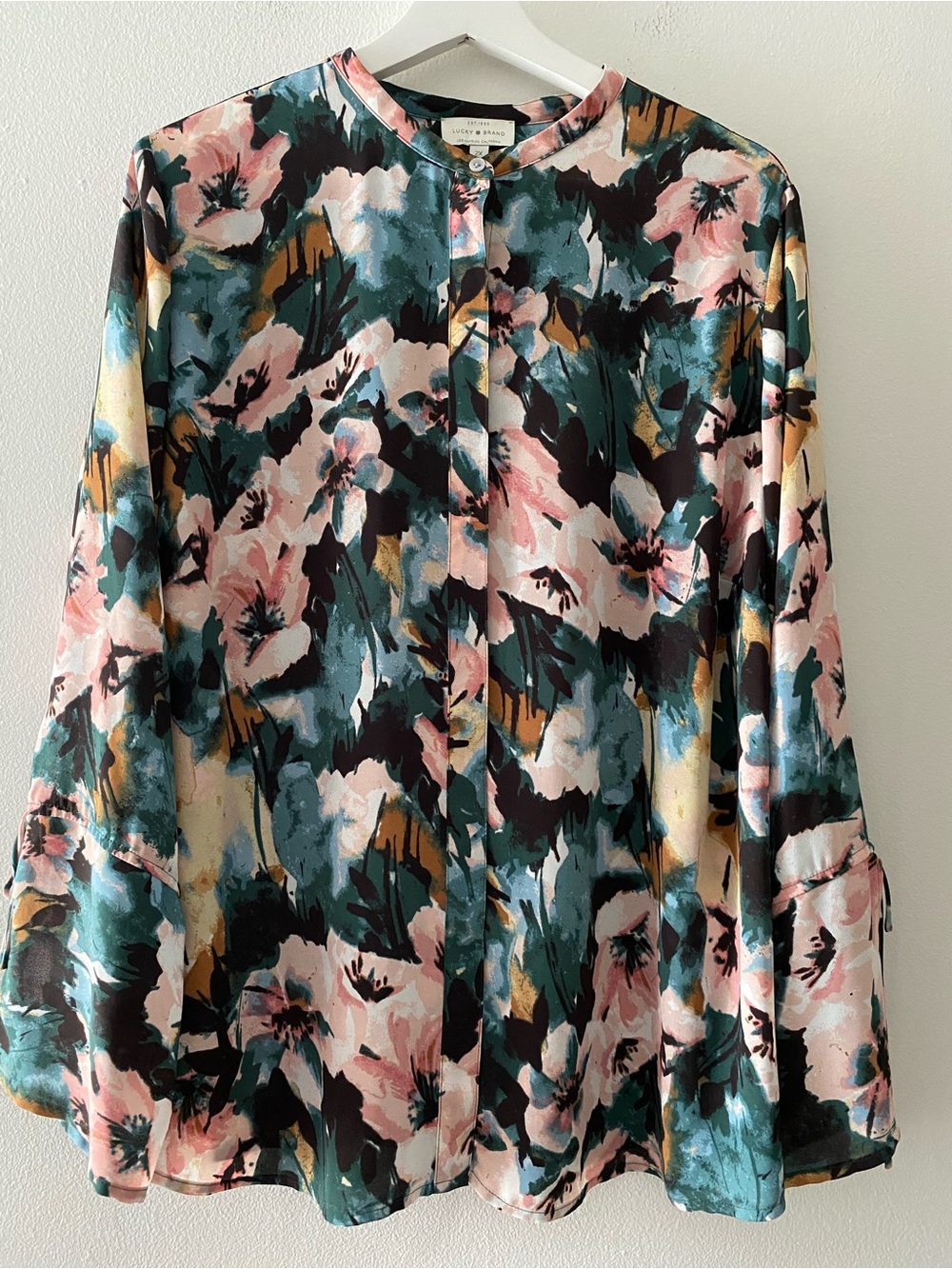 Lucky Brand Womens Plus Size 2X Green Pink Floral Tie Sleeve Blouse